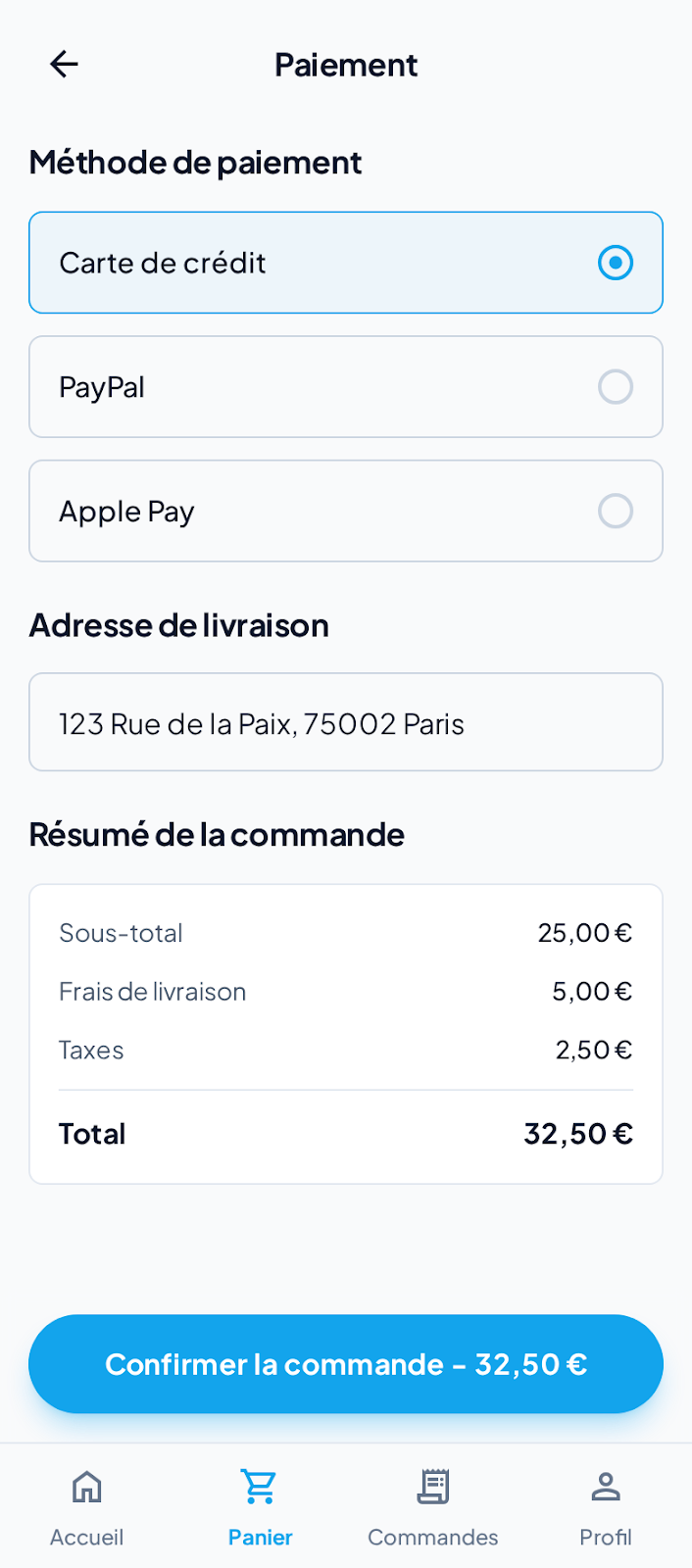 Commande livraison, écran 2