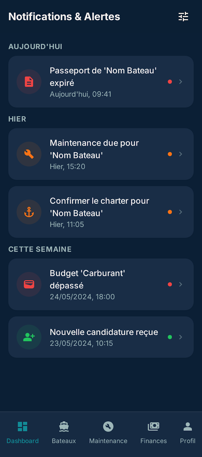 Gestion bateau, écran 1