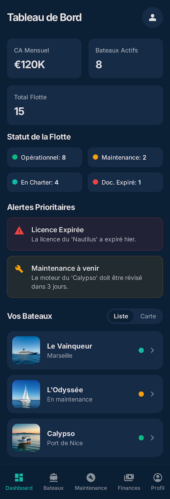 Gestion bateau, écran 2
